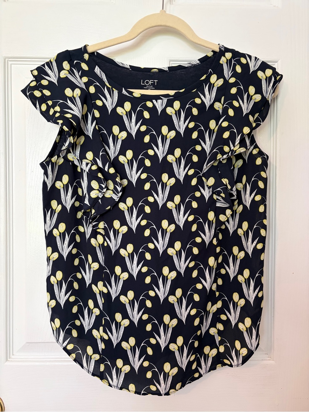 LOFT Navy Floral Ruffle Sleeve Blouse with Yellow & White Motif